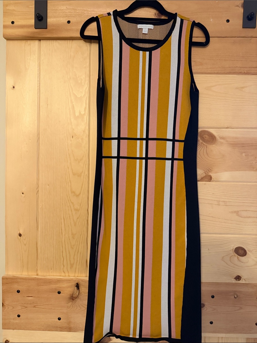 Sleeveless New York and Company Striped Sheath Dress in Mustard, Pink & Black
